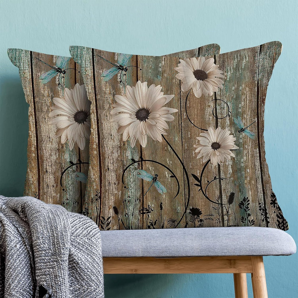 CXMEIFLY Spring Floral Pillow Covers 18 x 18 Inch Set of 2 for Brown Wood Texture Daisy Flowers Decor Throw Pillows Dragonfly Plant Floral Outdoor Decorative Cushion Cases for Couch Bed Decorations