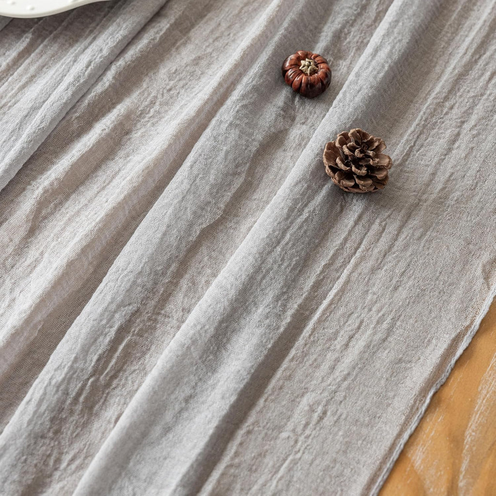 Grey Gauze Rustic Cheesecloth Table Runner 120 Inch 10 FT for Wedding Baby Shower Bridal Shower Birthday Engagement Garden Outdoor Party Long Sheer Boho Decorations