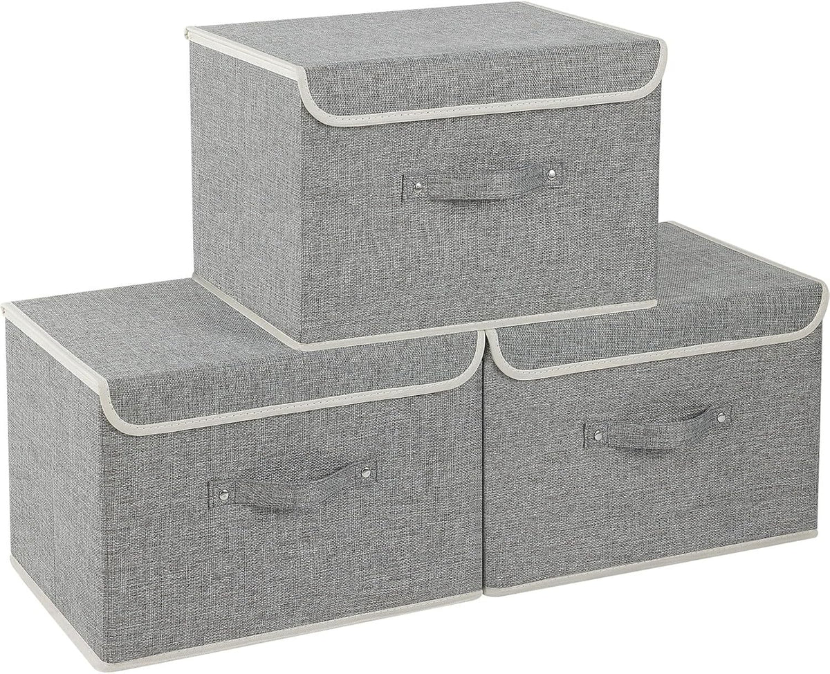 Fabric Storage Bins Cube Organizers with Flip-Top Lid and Handles,Storage Boxes for Organizing Home,Office,and Closet,Grey,3 Pack 15 x 9.8 x 9.8 in
