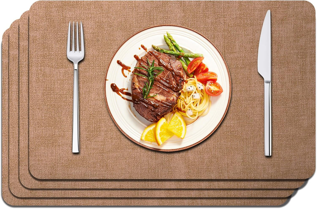Maxpearl Faux Leather Placemats Set of 4 - Waterproof - Wipe Clean - Heat Resistant - Anti Slip Dining Table Place Mats, Suitable for Indoor & Outdoor Use, 17’’×12’’, Brown