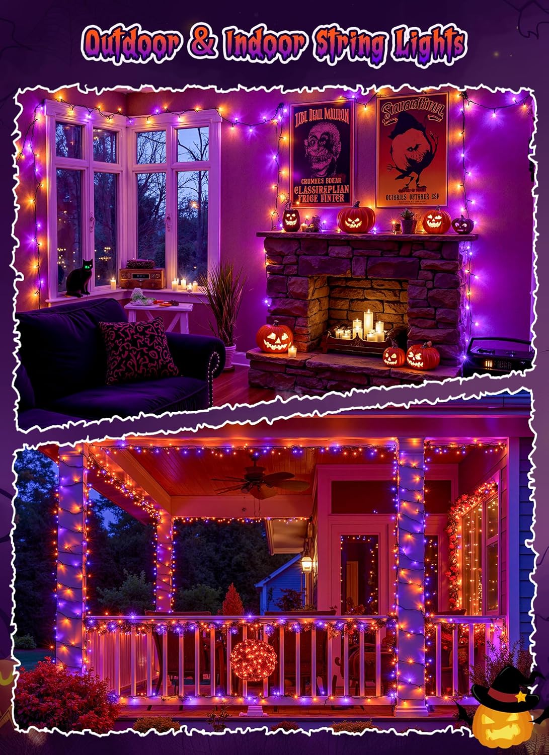 Brightown 2 Pack Halloween Solar String Lights Outdoor, Total 144Ft 400 LED Twinkle Fairy Lights Waterproof with 8 Modes Auto On/Off for Patio Tree Garden Party Home Decorations (Orange&Purple)