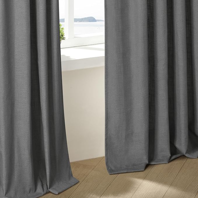 Dark Grey 80 Inch Pinch Pleated Linen Semi Sheer Curtains 2 Panel Set | - Image 9