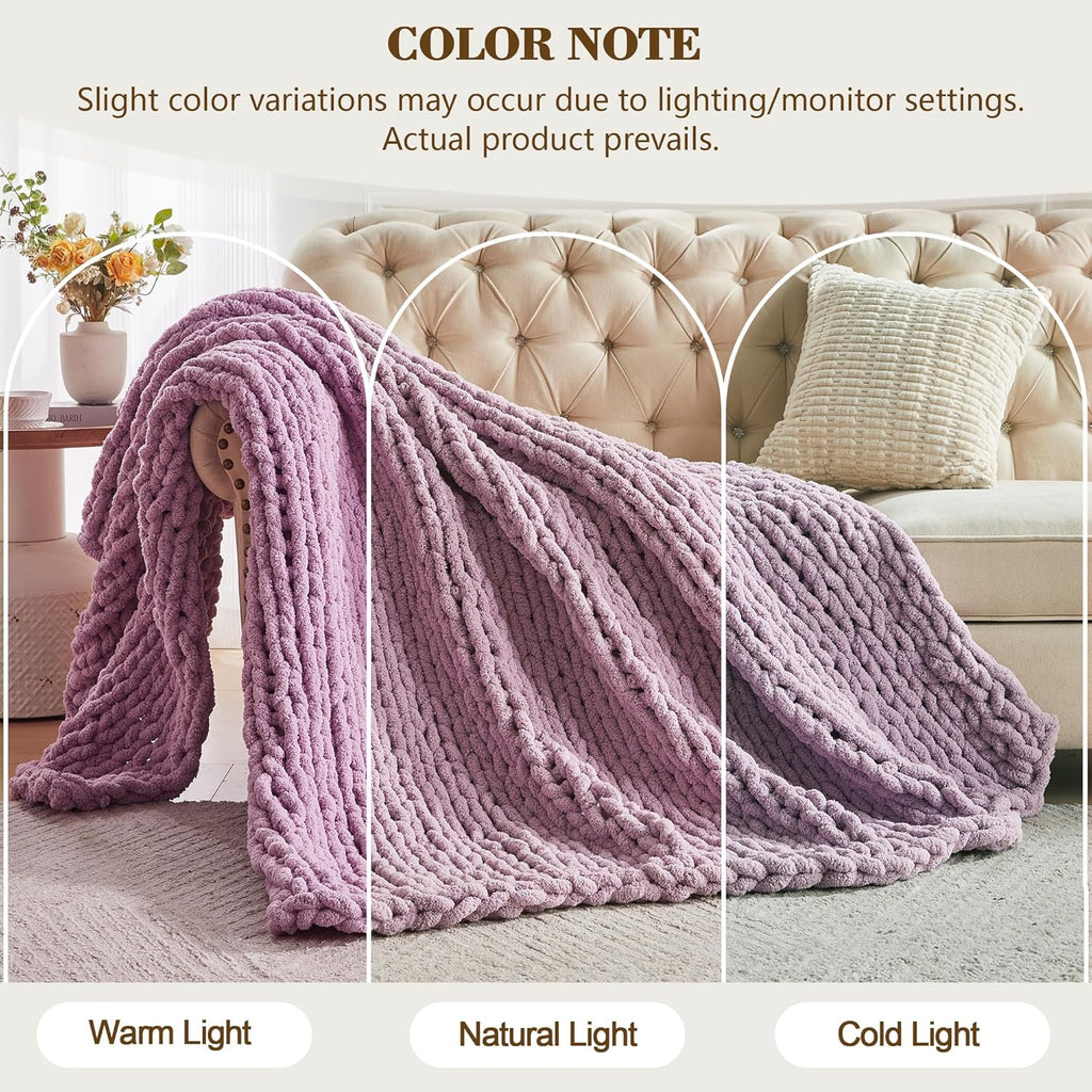 Carriediosa Chunky Knit Throw Blanket 50" X 60", 100% Hand Made Large Chenille Loop Yarn Soft Fluffy Throws for Couch Sofa Bed, Big Crochet Cozy Heavy Thick Cable Woven Blankets, Purple