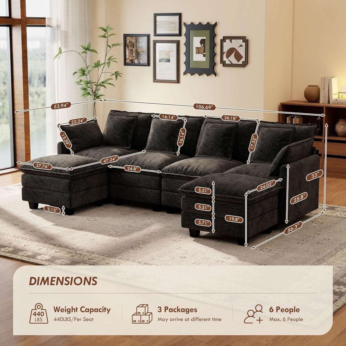 Ihanherry 106" L Shaped Modular Sectional Cloud Sofa, Modern 6 Seat Chenille Couch with Ottoman for Living Room, Bedroom and Apartment, Black