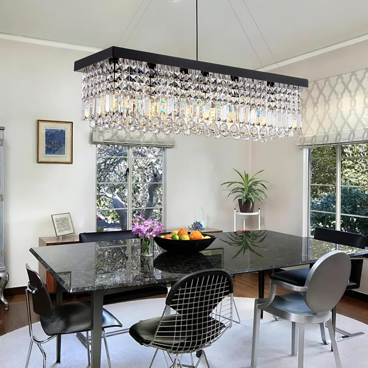 8 Light Modern Crystal Chandelier for Dining Room,Rectangular Rectangle Raindrop Crystal Light Fixture,Height Adjustable for Kitchen Island L40''xW10''xH10''