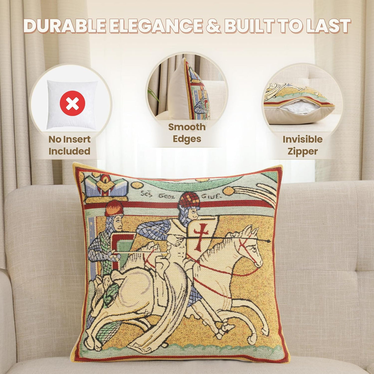 Charlotte Home Furnishings Chevaliers de St.Gregoire Throw Pillow Cover 16" x 16" – Medieval Knight Tapestry Cushion Case for Sofa, Couch, & Bed | Cotton Jacquard Woven in Europe | Insert Not Included