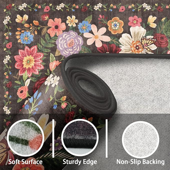 Black Brown Floral Hallway Runner Rug 2x6 - Image 7