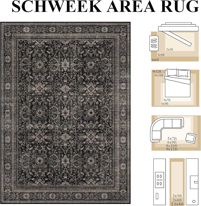 Schweek 6x9 Area Rug Washable Neutral Dark Rug Non Slip - Image 2