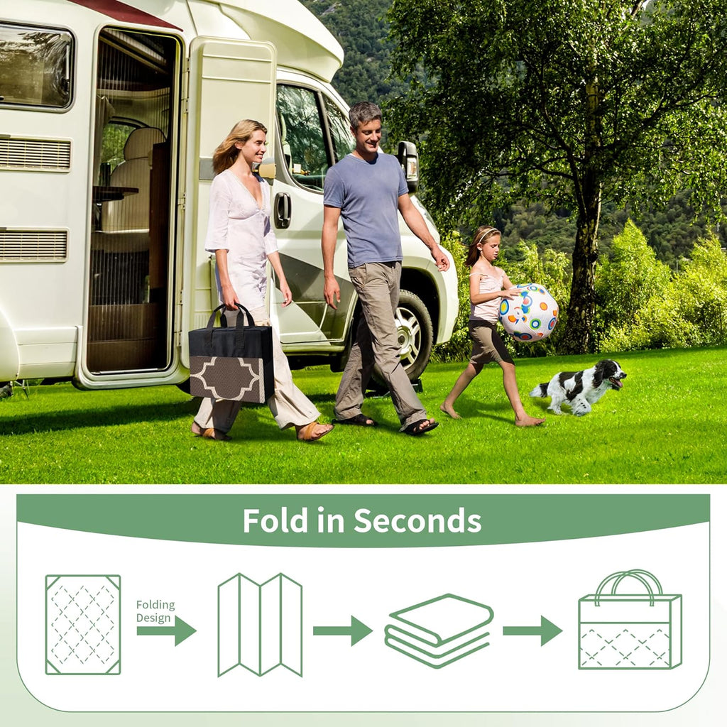 GENIMO 9' x 12' Outdoor Rug Waterproof for Patio Decor, Foldable Reversible Plastic Straw Area Rugs Mat for Camper, Outside Carpet for Rv, Deck, Porch, Picnic, Beach, Balcony, Coffee & Beige