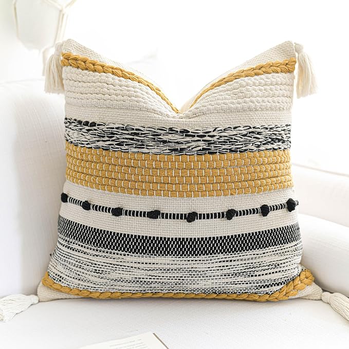 Boho Decorative Throw Pillow Cover 22x22 Square Yellow Mustard Accent by BlissBlush