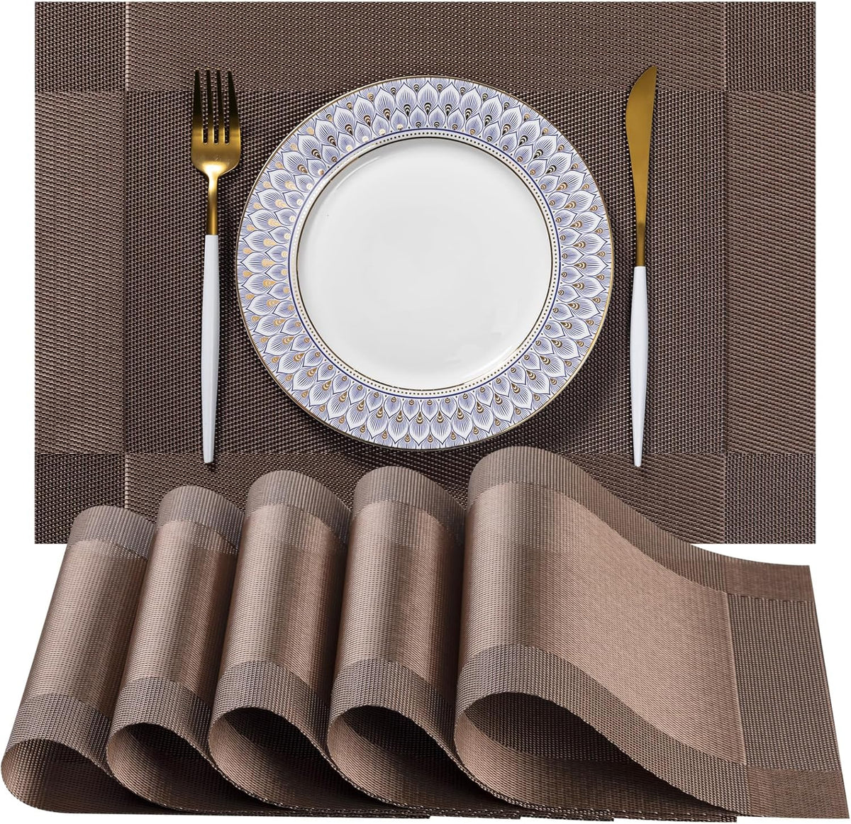 LEXMORE Placemats Set of 8 Vinyl/Plastic Woven Place Mats for Kitchen Table Indoor/Outdoor Washable Placemat Wipeable Dining Table Mats(Brown Cube)