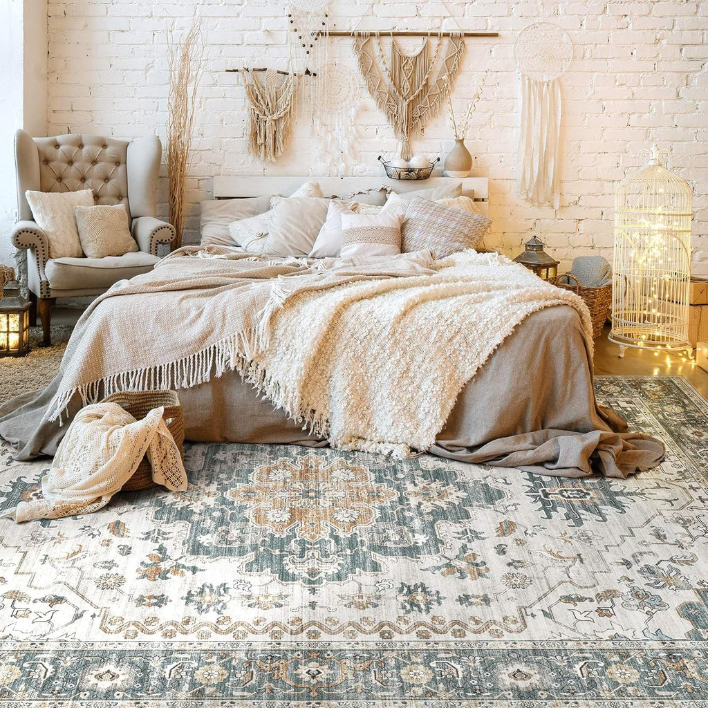 Washable Area Rugs for Living Room -10x14 Neutral Vintage Distressed Floral Farmhouse Boho Large Soft Floor Rug Indoor Non Slip Carpet for Living Room Bedroom Dining Room Office -Green/Grey