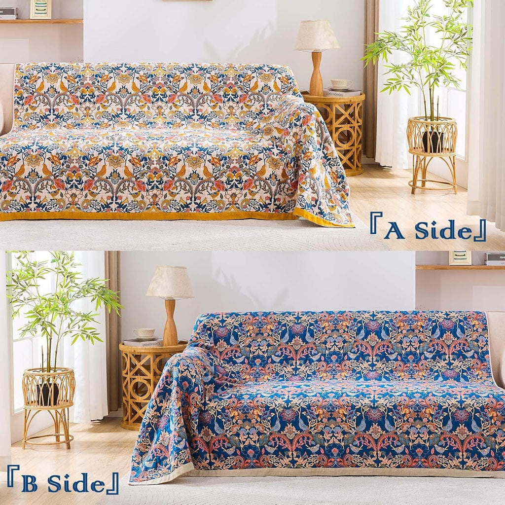 Boho Blanket Throw Quilt, 100% Cotton Soft Light Weight Throw Blankets for Summer, 80"x90" Farmhouse Flower Decorative Blankets, All Season Rustic Reversible Bohemian Throw Quilt