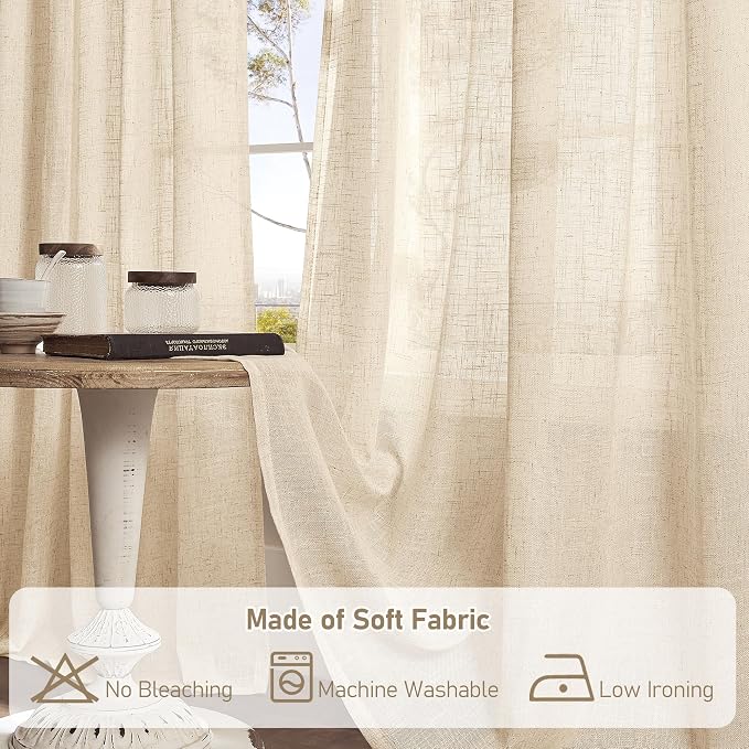 Natural Linen Curtains 90 Inch for Living Room, Semi Sheer Panels | Soft Thick - Image 8