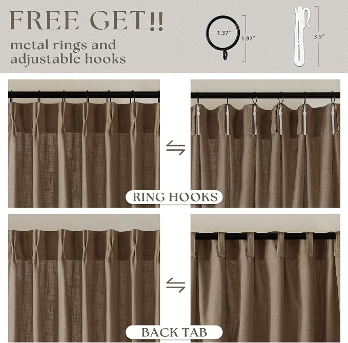Brown Pinch Pleated Light Filter Linen Curtains 84 Inches Long | Farmhouse - Image 5