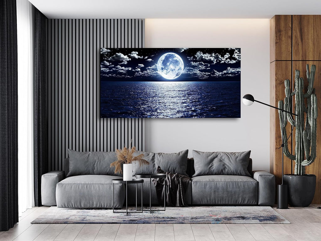 Cao Gen Decor Art S06962 Wall Art Canvas Prints Moon Sea Ocean Landscape 1 Panels Full Moon in Cloud Pictures Paintings Stretched and Framed for Living Room Bedroom Kicthen Office Artwork 24x48inch