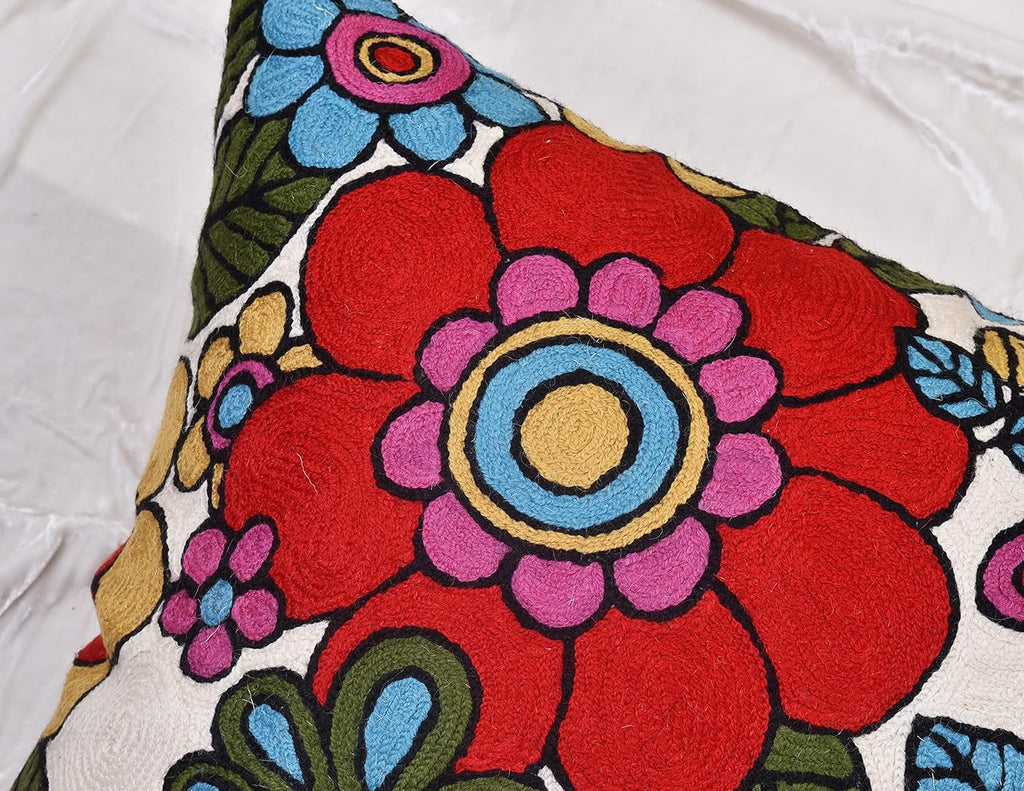 Floral Pillow Cover Handembroidered Wool 18x18 (Retro Floral Pillow Cover)