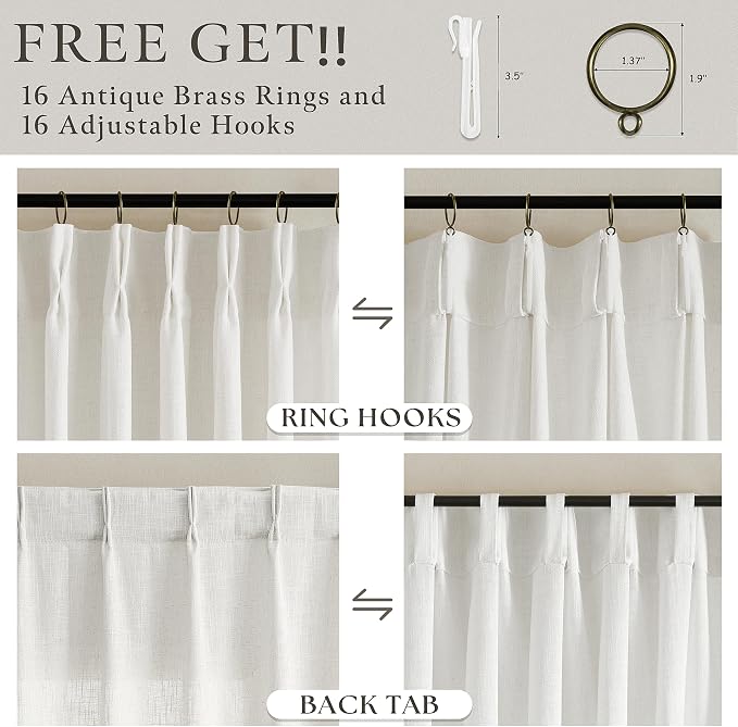 Farmhouse 126 Inch Pleat Thick Linen Beige White Semi Sheer Curtains 50x126 | - Image 3