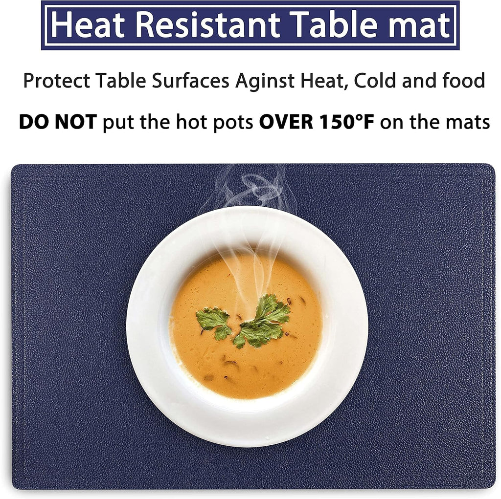 Set of 6 Faux Leather Placemats, PU Table Mats, Waterproof, Stain Resistant, Heat Resistant, Non-Slip Easy to Clean for Kitchen Dining Table,Conference Table C Blue Rectangle