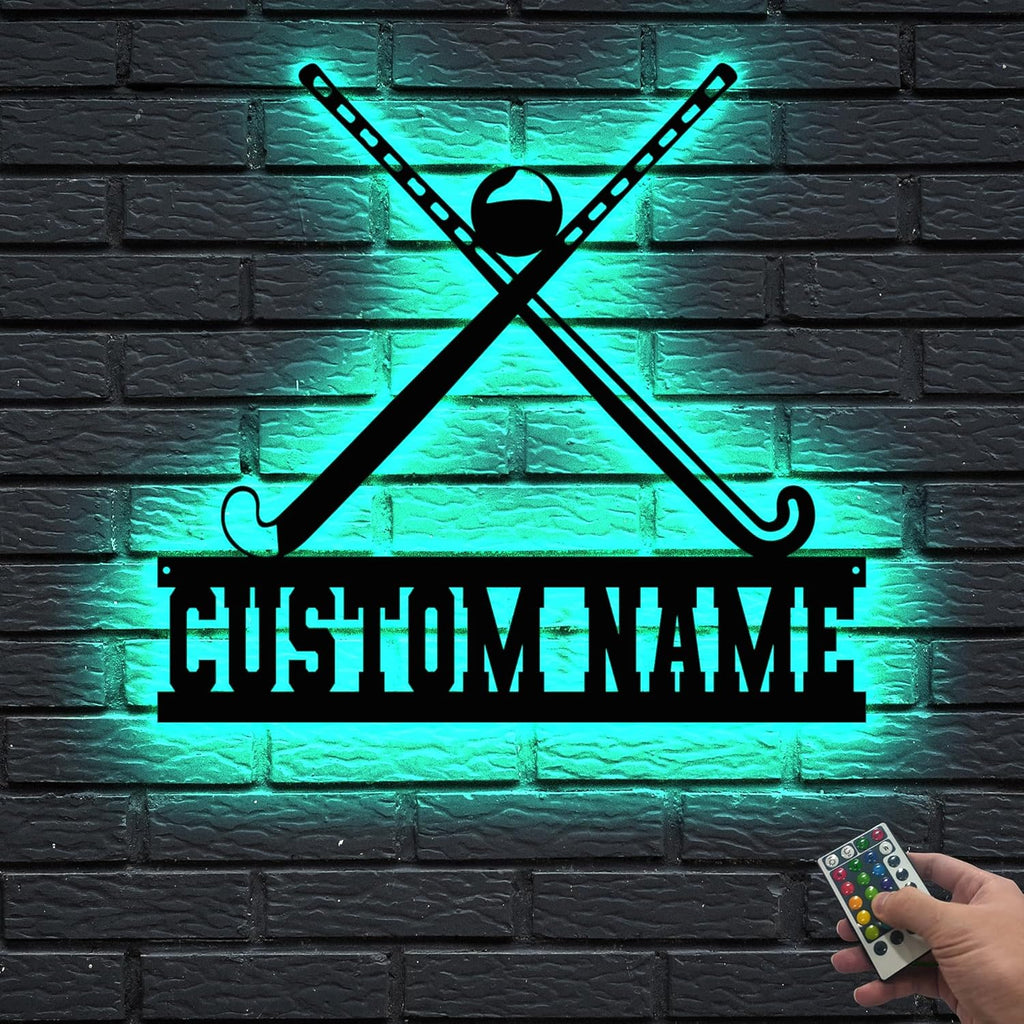 Personalized Hockey Metal Sign - LED Wall Sign with Name & Jersey Number, 16-Color LED with Remote Control, Ice Hockey Room Decor for Boys, Sports Players, Coaches, Teens