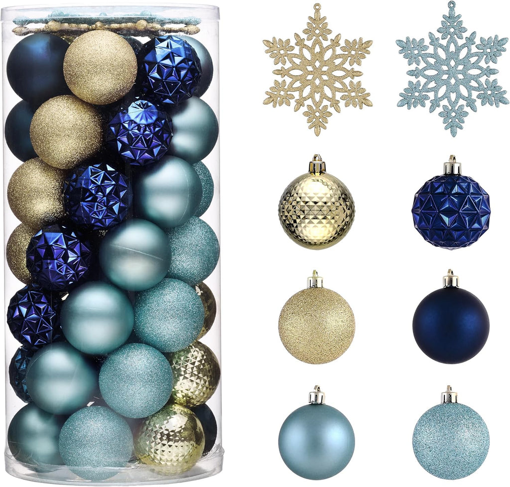 Valery Madelyn Christmas Tree Decorations Ornament Set for Fall Halloween, 50ct 2.36 Inches Blue and Gold Shatterproof Christmas Ball Ornaments Hanging Xmas Holiday Party Decor