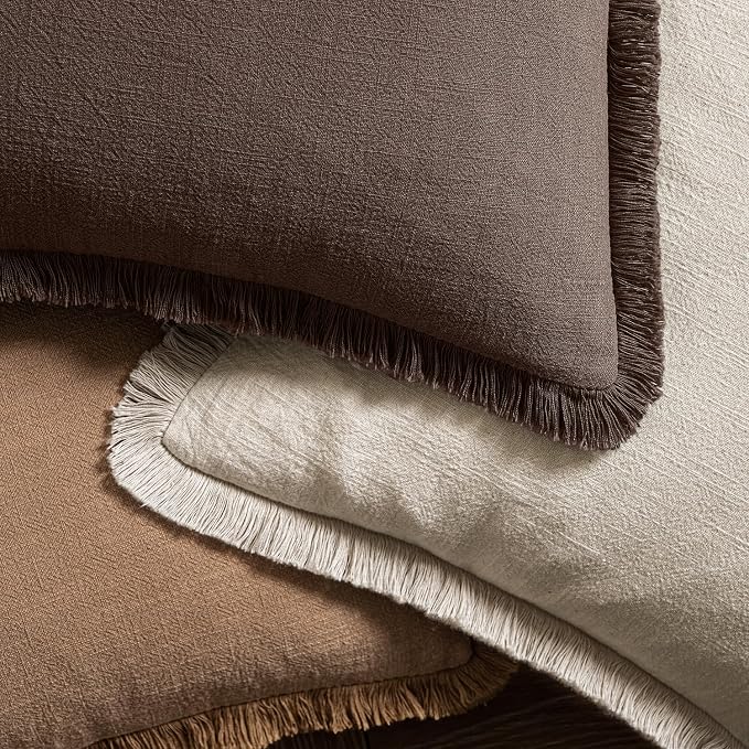MIULEE Boho Linen Fringe Decorative Fall Pillow Covers Reddish Brown 20x20 | - Image 4