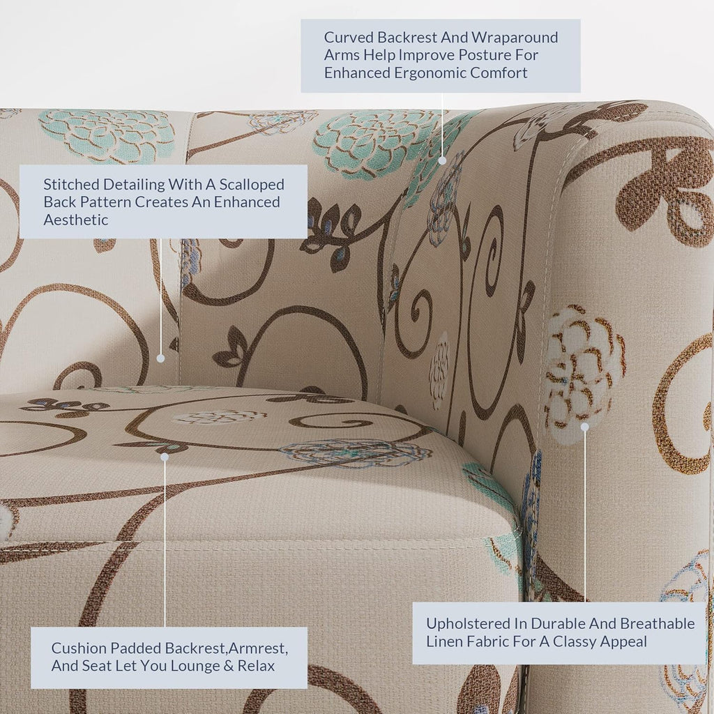 BELLEZE Living Room Chairs Set of 2, Linen Round Accent Barrel Chairs, Club Tub Sofa Chairs for Bedroom, Corner Chairs with Flared Legs and Cozy Soft Padding - Highland (Floral Print)