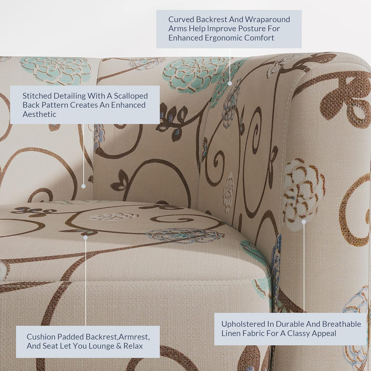 BELLEZE Living Room Chairs Set of 2, Linen Round Accent Barrel Chairs, Club Tub Sofa Chairs for Bedroom, Corner Chairs with Flared Legs and Cozy Soft Padding - Highland (Floral Print)