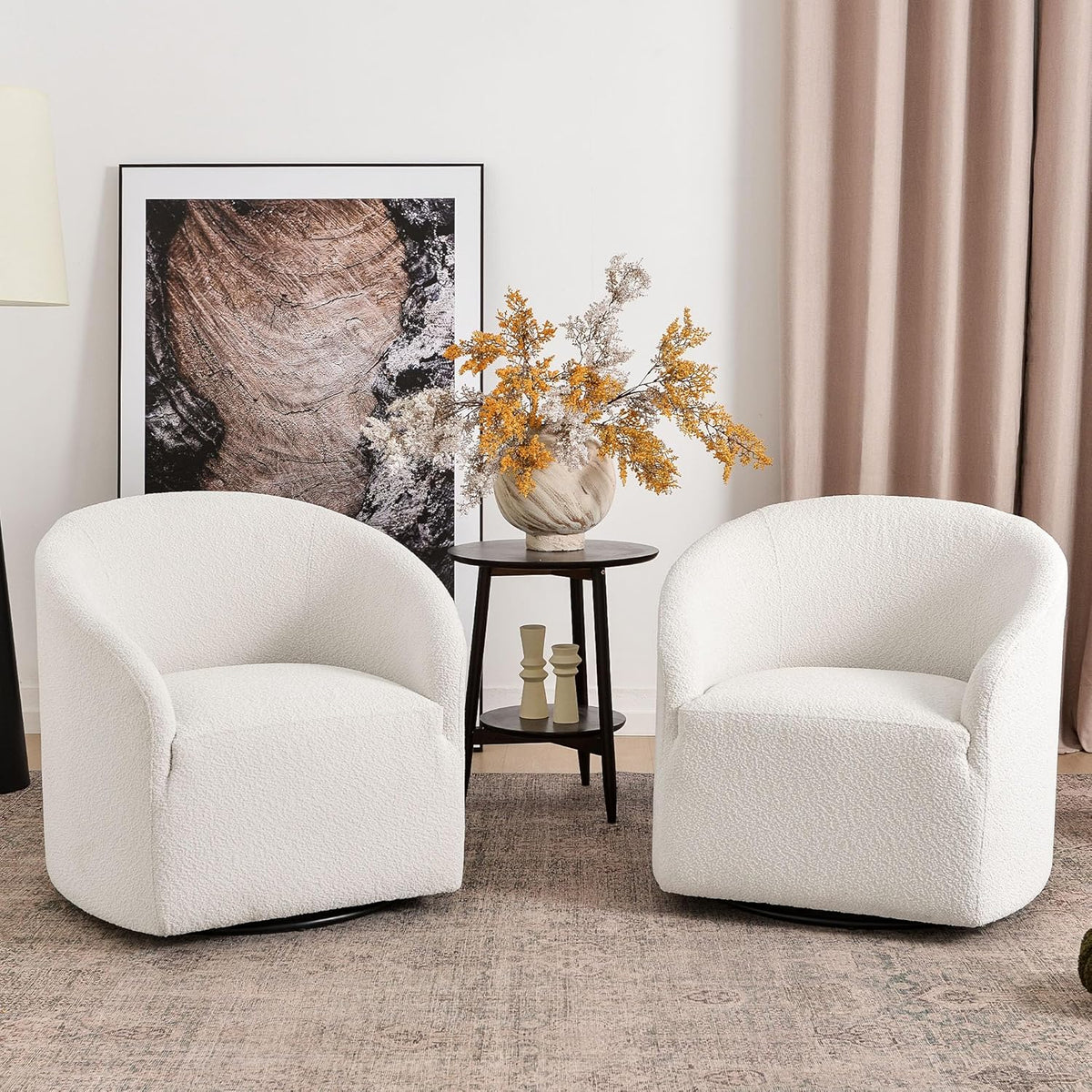 KINWELL 32" Wide Modern Boucle Swivel Barrel Chairs Set of 2, No Assembly Round Upholstered Swivel Accent Armchairs for Living Room, Bedroom (White)