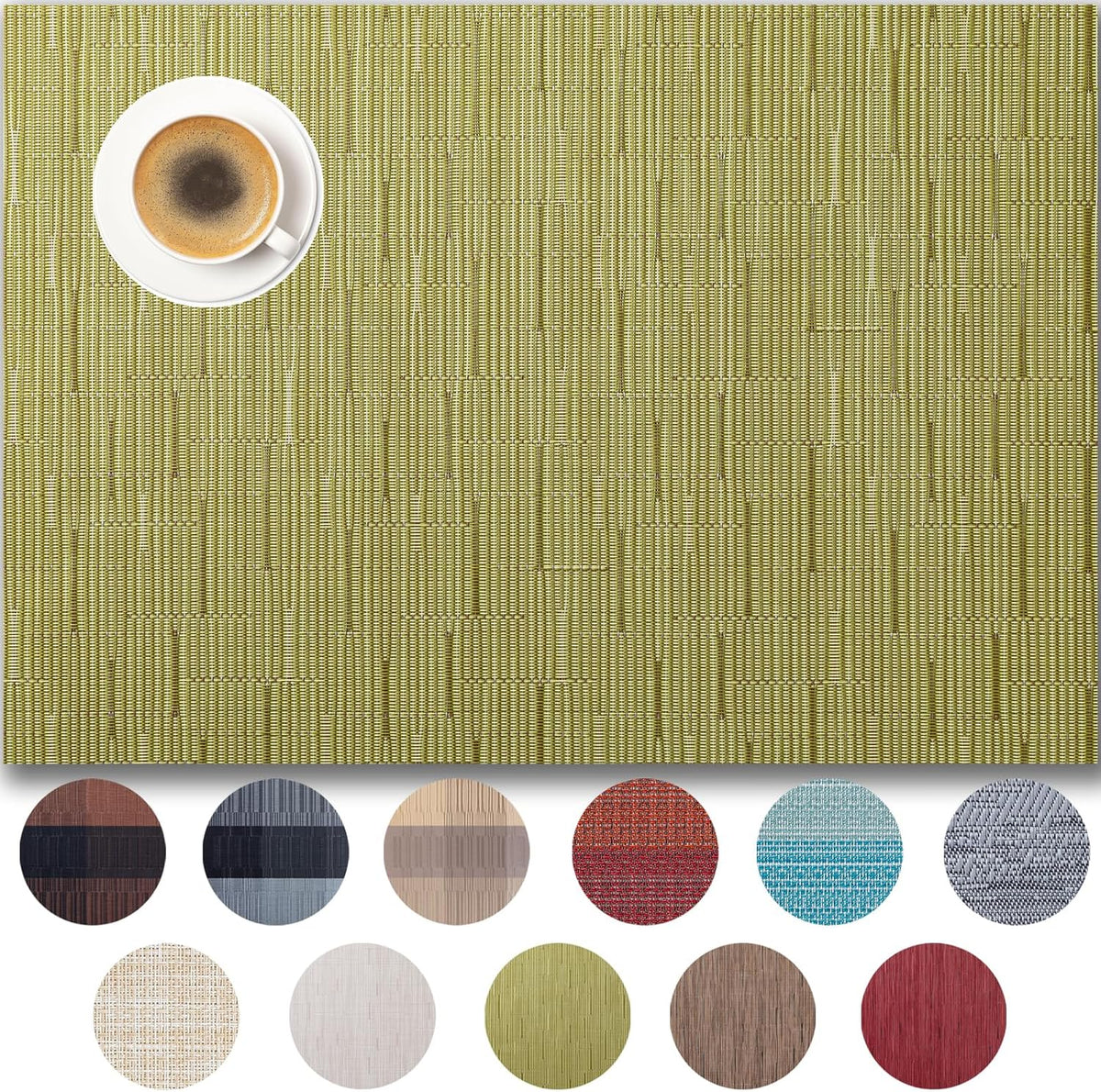 Placemats Set of 12 - Easy Clean Woven Vinyl Placemats for Dining Table, Indoor/Outdoor Place Mats, Washable PVC Table Mats （Pea Green）