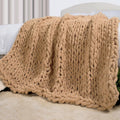 Carriediosa Chunky Knit Throw Blanket 50" X 60", 100% Hand Made Large Chenille Loop Yarn Soft Fluffy Throws for Couch Sofa Bed, Big Crochet Cozy Heavy Thick Cable Woven Blankets, Tan Brown