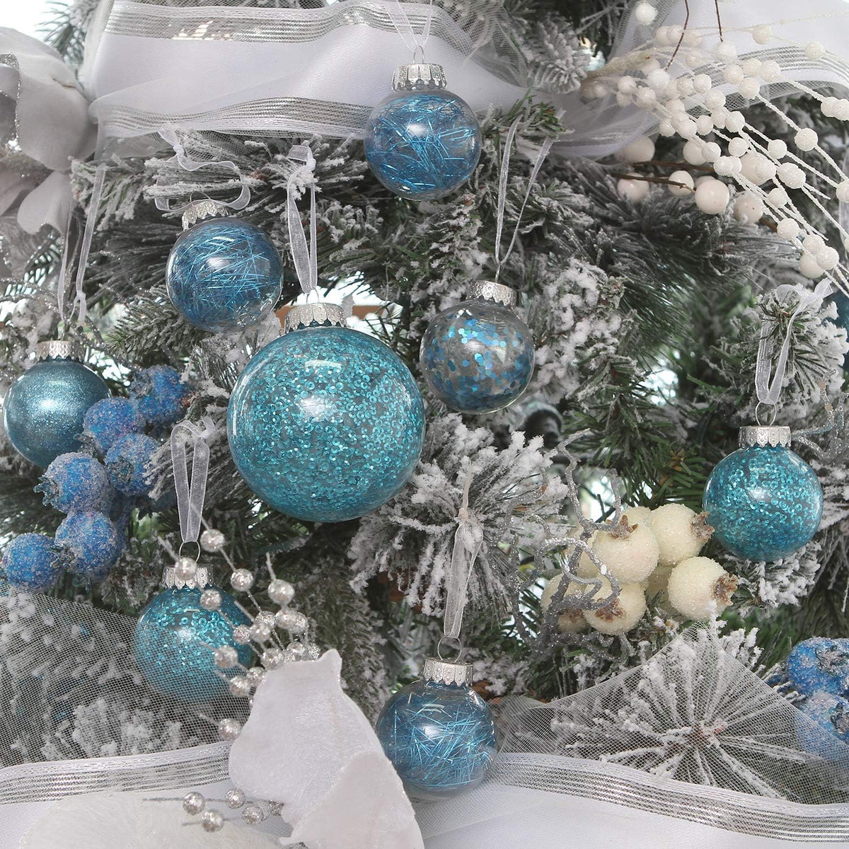 Sea Team Shatterproof Clear Plastic Christmas Ball Ornaments Decorative Xmas Balls Baubles Set with Stuffed Delicate Decorations (50mm/1.97"/30-Pack, Babyblue)