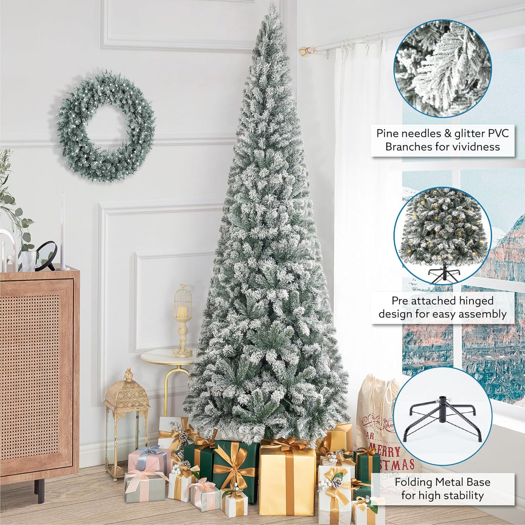 Naomi Home Salzburg 9ft Frosted Prelit Slim Artificial Christmas Tree with 1455 Branch Tips, 500 Warm Lights and Metal Stand, 37" Wide Realistic Snow Flocked Skinny Pencil Christmas Tree