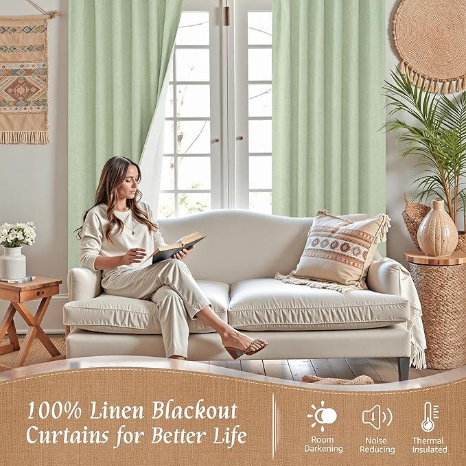 Light Green 100% Blackout Linen Curtains 80 Inches - Image 2