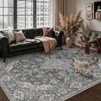 6x9 Black Grey Retro Floral Washable Area Rug - Image 3
