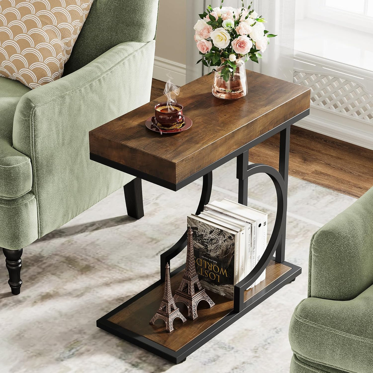 Tribesigns Narrow Side Table Brown Black C Shaped End Table Modern Bedside Tables for Couch, Small Sofa Tables with Metal Frame for Living Room (1, Brown+Black)
