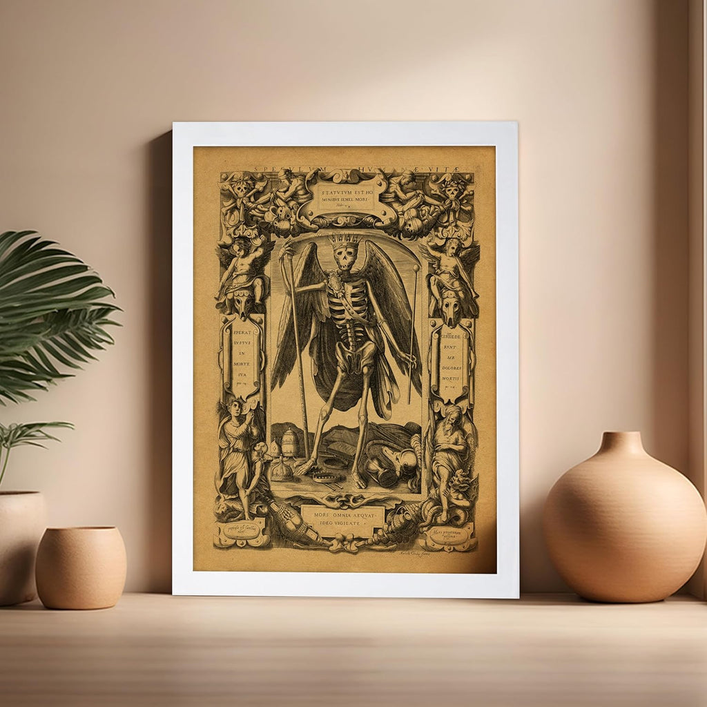 Poster Master Vintage Medieval Poster - Retro Gothic Print - Gift for Artist, Friend - Angel of Death, Memento Mori, Life, Skeleton, Dark - Wall Decor for Home, Living Room, 16x20 White Framed