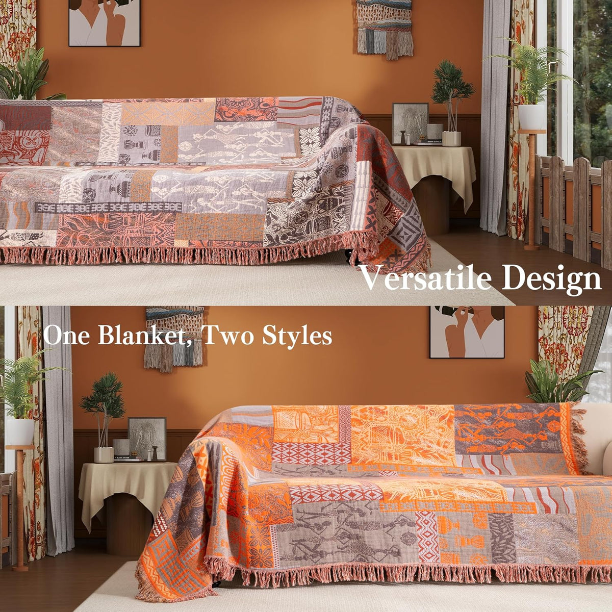 Boho Throw Blanket Full Size, Extra Large Soft Cozy Cotton Muslin Quilt Blanket for Bed Decor, Patchwork Block Couch Sofa Chair Cover, Vintage Farmhouse Cottage Woven Blanket, Red&Orange