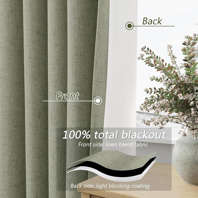 Sage Green 100% Blackout Linen Curtains 84 Inch Length 2 Panels Set - Image 4