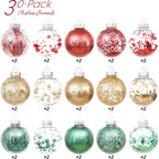 Sea Team 60mm/2.36" Shatterproof Clear Plastic Christmas Tree Ball Ornaments Set, Decorative Hanging Transparent Xmas Baubles with Stuffed Delicate Decorations (30 Counts, Gold, Red, Green)