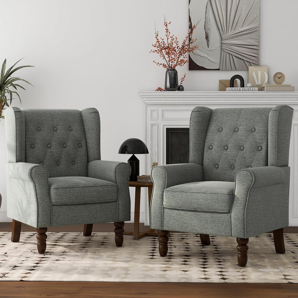 Lumibee High Back Accent Chair Set of 2,Upholstered Wingback Armchair with Solid Wood Legs for Small Spaces,Comfy Single Sofa Chair for Living Room,Bedroom,Office-Gray