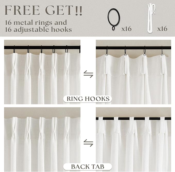 Beige White Linen Curtains Pinch Pleated 84 Inches Long 2 Panels | Pleat - Image 5