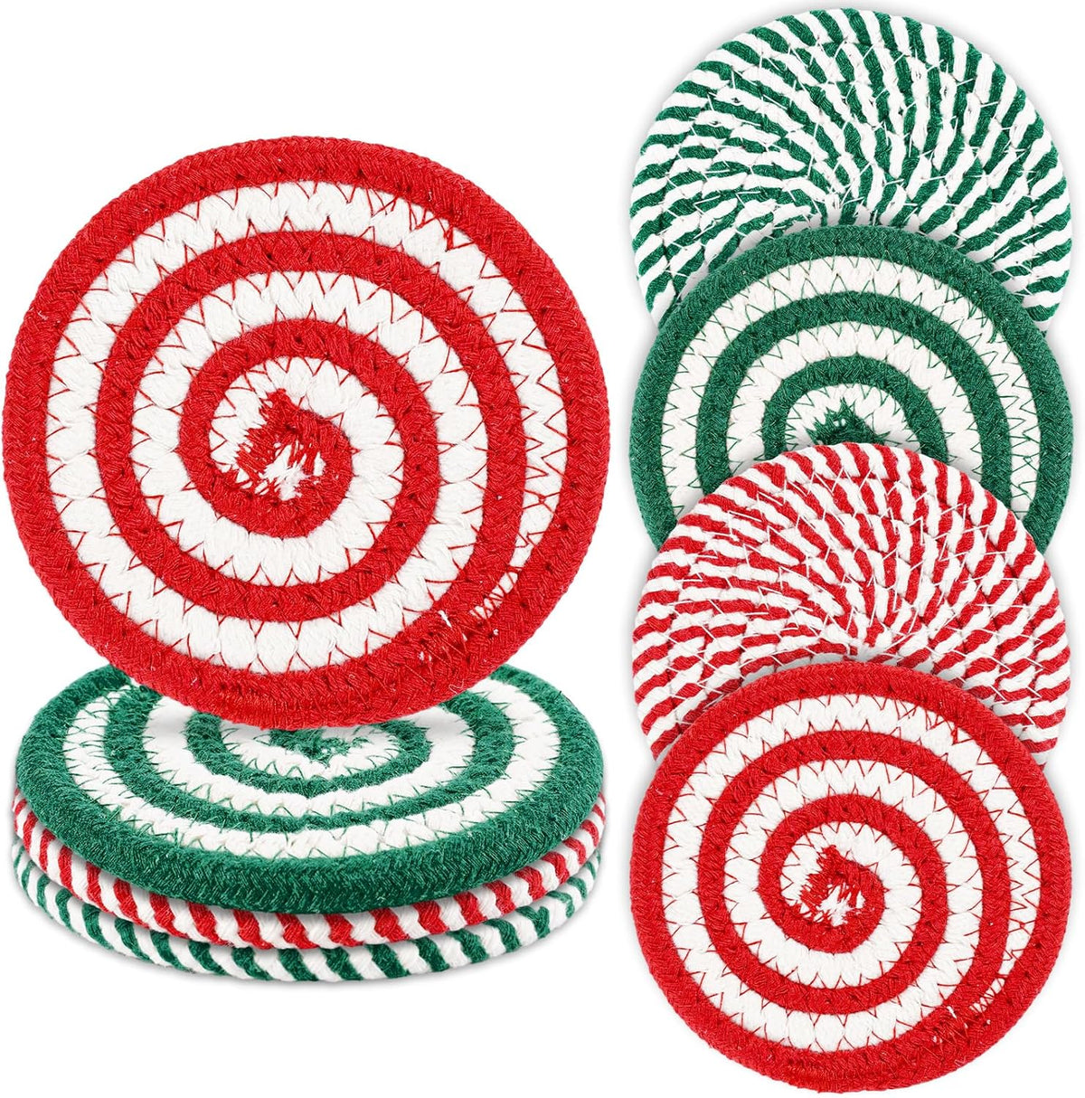 Whaline Christmas Cotton Coasters Red Green Peppermint Candy Handmade Braided Drink Coasters Absorbent Cup Mats for Xmas Holiday Party Home Table Decor, Set of 4