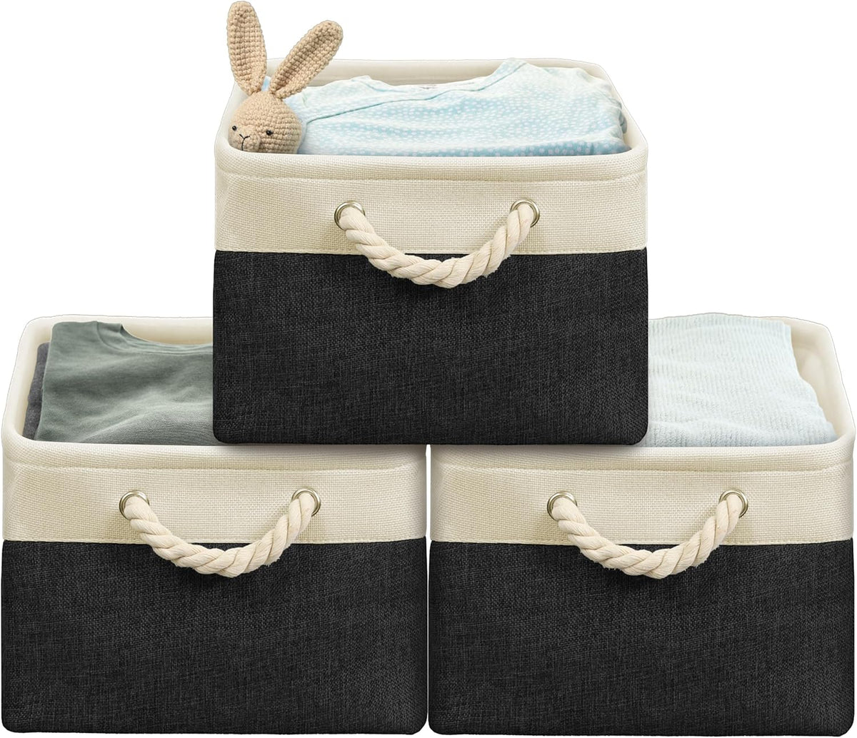 SIMPLE HOUSEWARE Large Fabric Storage Bin, 15.7" x 12" with Braided Handles, 3 Pack, Black