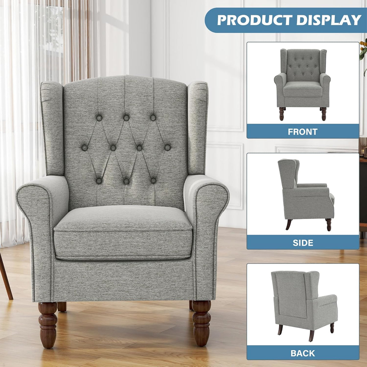 UIXE High Back Accent Chair, Upholstered Armchair in Fabric, Retro Wingback Arm Chair for Living Room, Comfy Single Sofa Bedroom Reading Seat with Solid Wood Legs - Light Gray