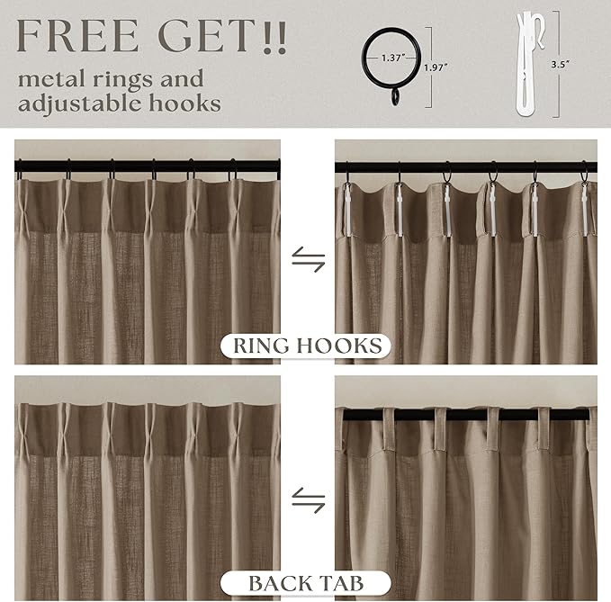 Farmhouse 80 Inch Brown Tan Pinch Pleated Linen Semi Sheer Curtains 2 Panel | - Image 5