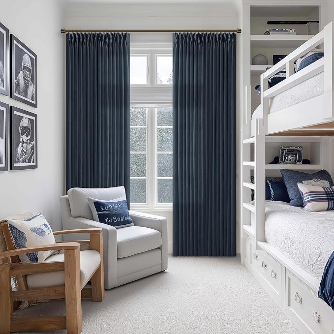 96 Inches Pinch Pleated Semi Sheer Memory Shaped Navy Thick Linen Curtains | - Image 7