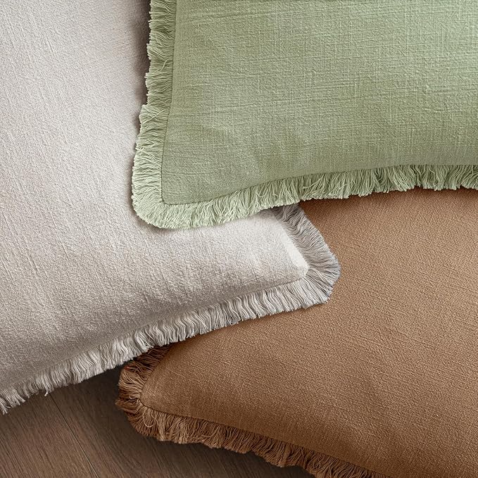 MIULEE Boho Linen Fringe Decorative Throw Pillow Covers Sage Green 20x20 | Set - Image 4