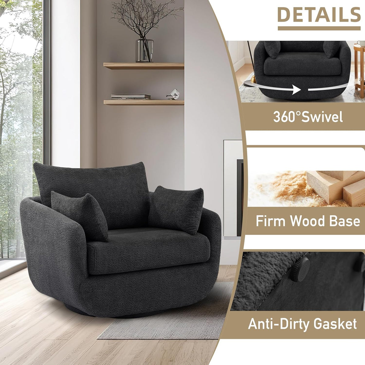 360° Swivel Accent Armchair Set of 2, 39.3" Oversized, Sherpa Boucle Fabric Sofa Chair with Removable Back & Arm Pillows, Swivel Chairs with Cozy Soft Padded, No Assembly Required, Dark Gray