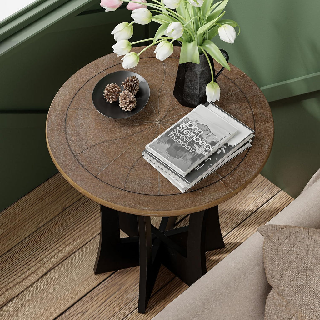 Farmhouse Round End Table X 2P with Criss-Cross Wood Legs, Rustic French Country Side Table for Dinning or Living Room, Modern, Black, Natural Wood